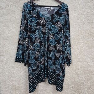 Susan Graver Top Womens 4X Blue Black Floral 3/4 Sleeve‎ Liquid Knit Stretch